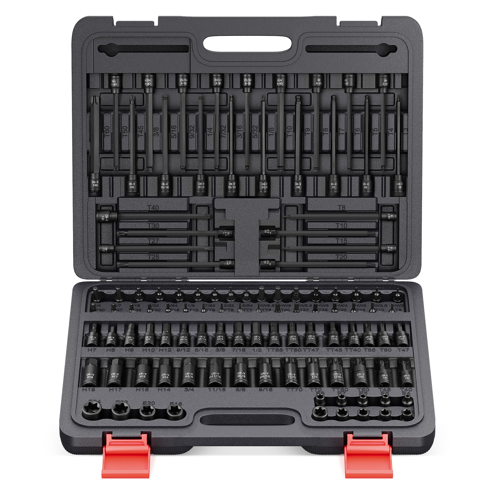107-tlg. Schlagsteckschlüsselsatz 1/4" 3/8" 1/2" | CR-V Stahl | Torx, E-Torx & Sechskant Bit-Stecknüsse im robusten Koffer