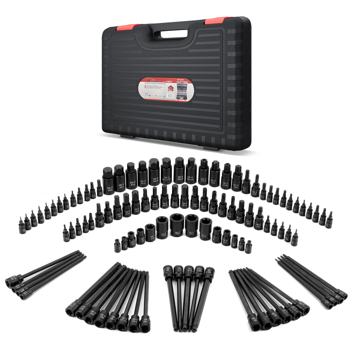 107-tlg. Schlagsteckschlüsselsatz 1/4" 3/8" 1/2" | CR-V Stahl | Torx, E-Torx & Sechskant Bit-Stecknüsse im robusten Koffer