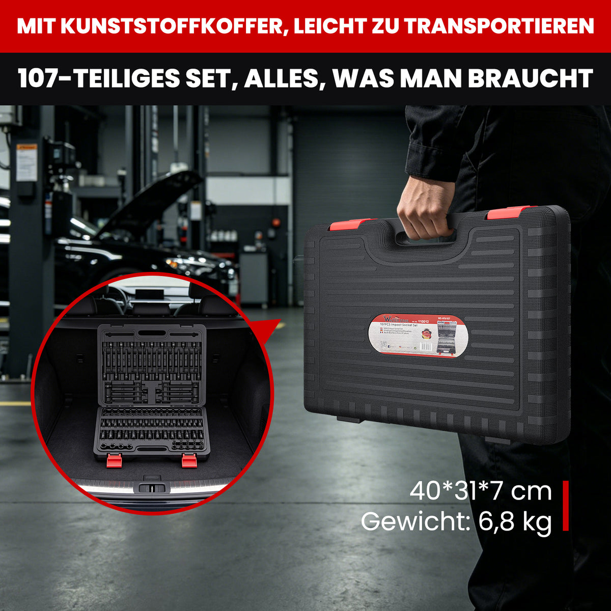 107-tlg. Schlagsteckschlüsselsatz 1/4" 3/8" 1/2" | CR-V Stahl | Torx, E-Torx & Sechskant Bit-Stecknüsse im robusten Koffer