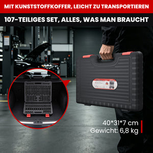 107-tlg. Schlagsteckschlüsselsatz 1/4" 3/8" 1/2" | CR-V Stahl | Torx, E-Torx & Sechskant Bit-Stecknüsse im robusten Koffer