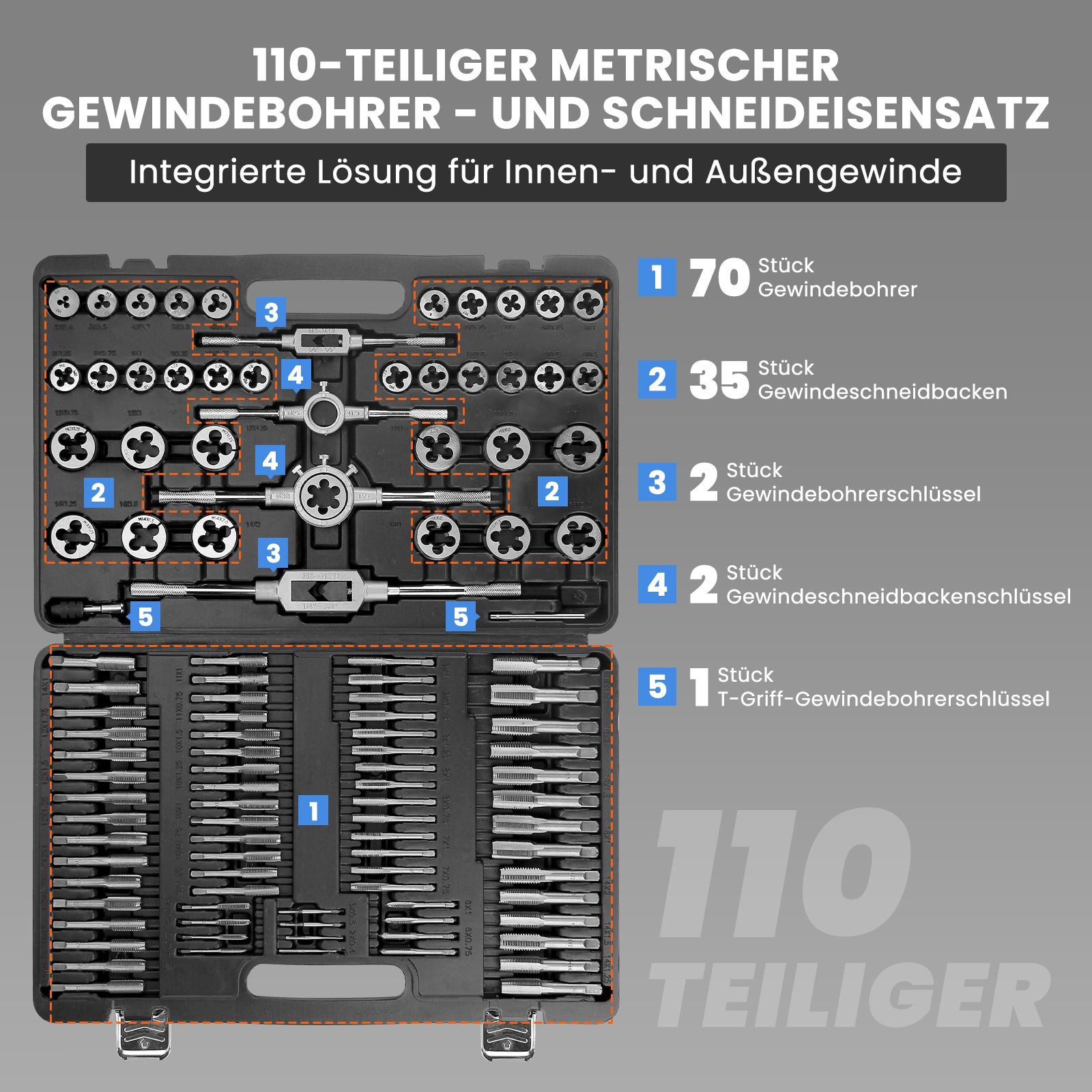 110-teiliges metrisches Gewindeschneid-Set für präzise Innen- und Außengewinde aus gehärtetem Stahl