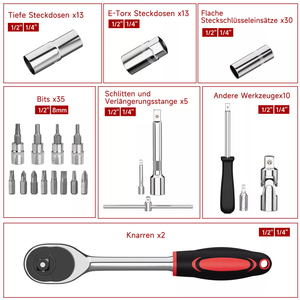 Set von 108teiligen Steckschlüsseln in einem Ratschenkasten, einschließlich 1/4" und 1/2", mit Werkzeugtasche