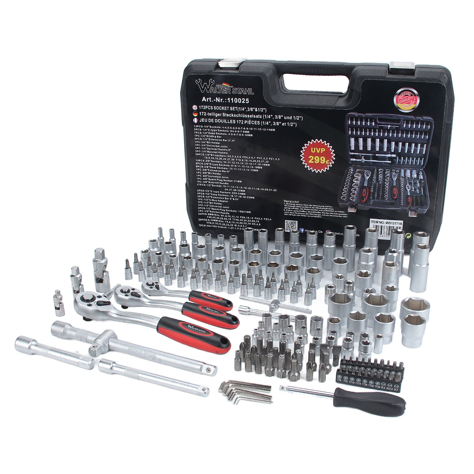 172-teiliger Steckschlüsselsatz aus Chrom-Vanadium-Stahl mit Ratschen, Bits und umfangreichem Zubehör im Koffer