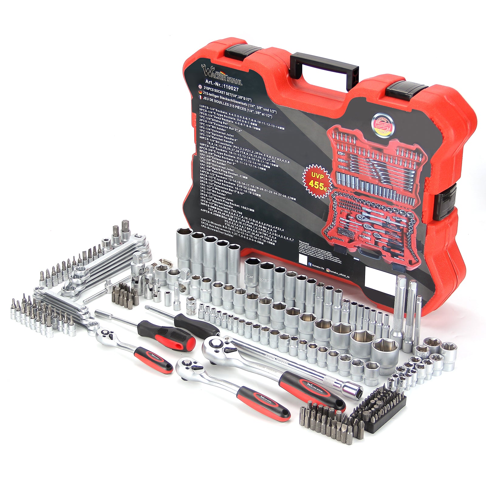 Steckschlüsselsatz 215-tlg. Knarrenkasten 1/4 3/8 1/2 Zoll Chrom-Vanadium Werkzeugkoffer Kfz Reparatur Set