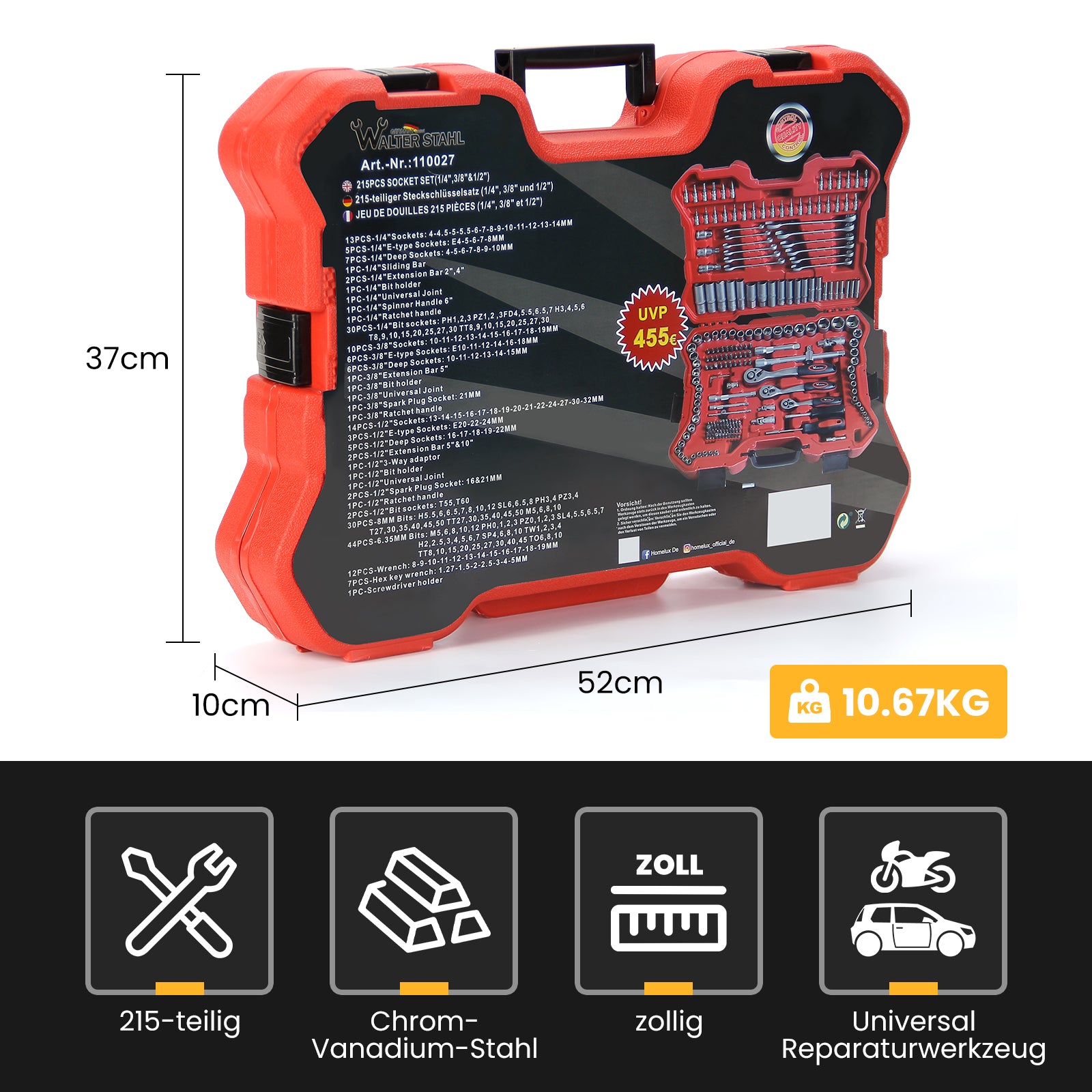 Steckschlüsselsatz 215-tlg. Knarrenkasten 1/4 3/8 1/2 Zoll Chrom-Vanadium Werkzeugkoffer Kfz Reparatur Set