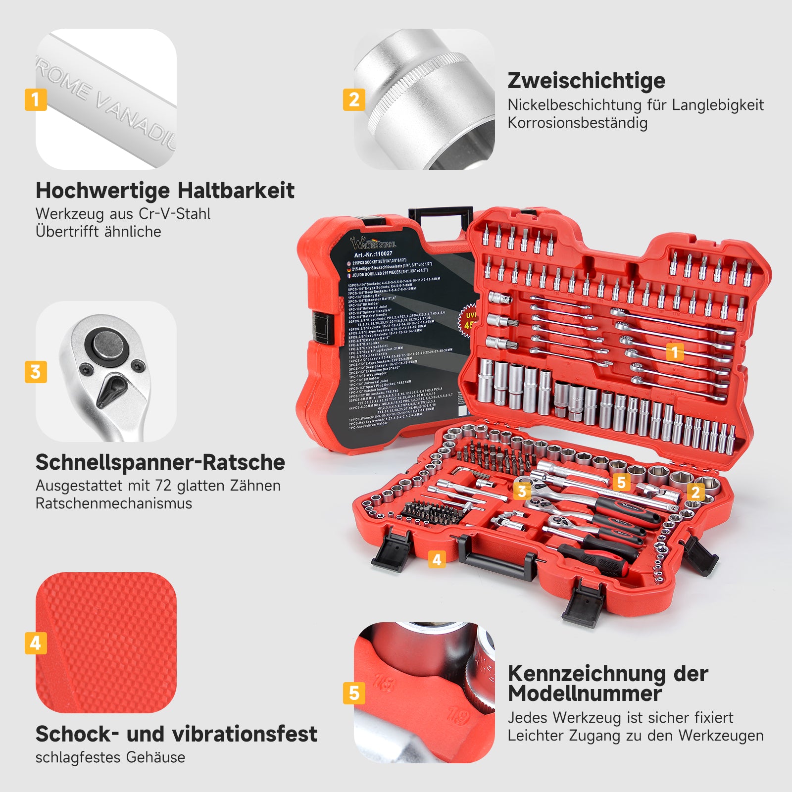 Steckschlüsselsatz 215-tlg. Knarrenkasten 1/4 3/8 1/2 Zoll Chrom-Vanadium Werkzeugkoffer Kfz Reparatur Set