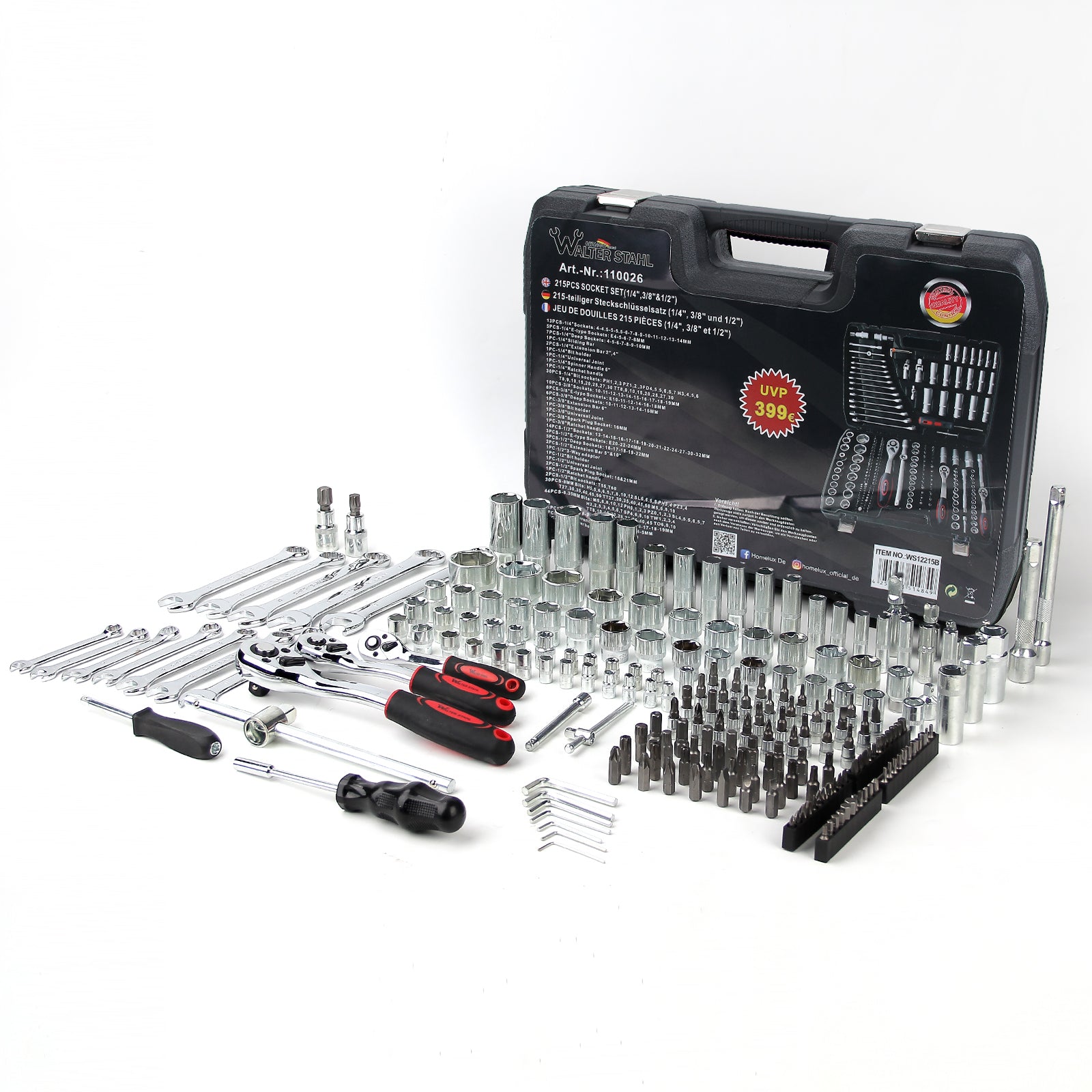 216-teiliger Steckschlüsselsatz aus Chrom-Vanadium-Stahl mit Ratschen, Gabelringschlüsseln, Bits und umfangreichem Zubehör