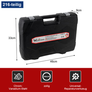 Werkzeugkoffer 216-teilig, zölliger Steckschlüsselsatz aus Chrom-Vanadium-Stahl mit 72-Zahn-Ratschen & Maulschlüsseln