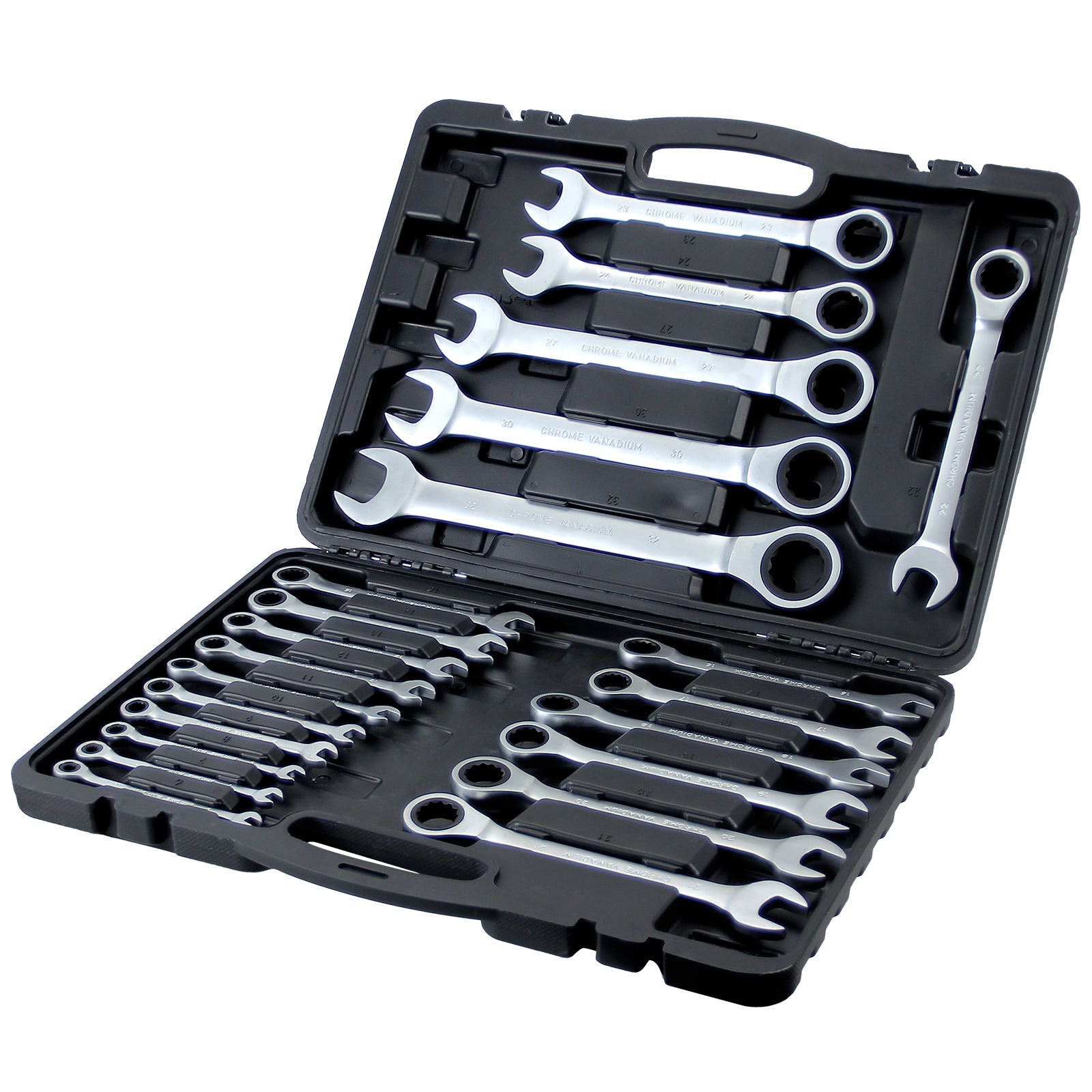 22-teiliges Profi Ringmaul-Ratschenschlüssel-Set aus Chrom-Vanadium-Stahl mit 72-Zahn-Ratsche, metrisch, im stabilen Koffer