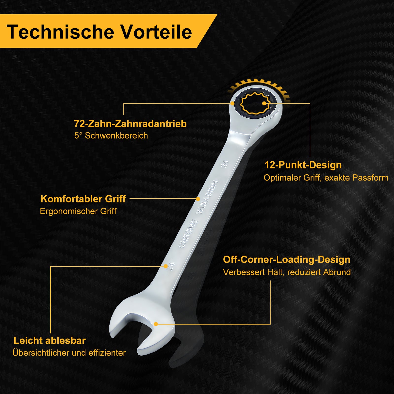 22-teiliges Profi Ringmaul-Ratschenschlüssel-Set aus Chrom-Vanadium-Stahl mit 72-Zahn-Ratsche, metrisch, im stabilen Koffer