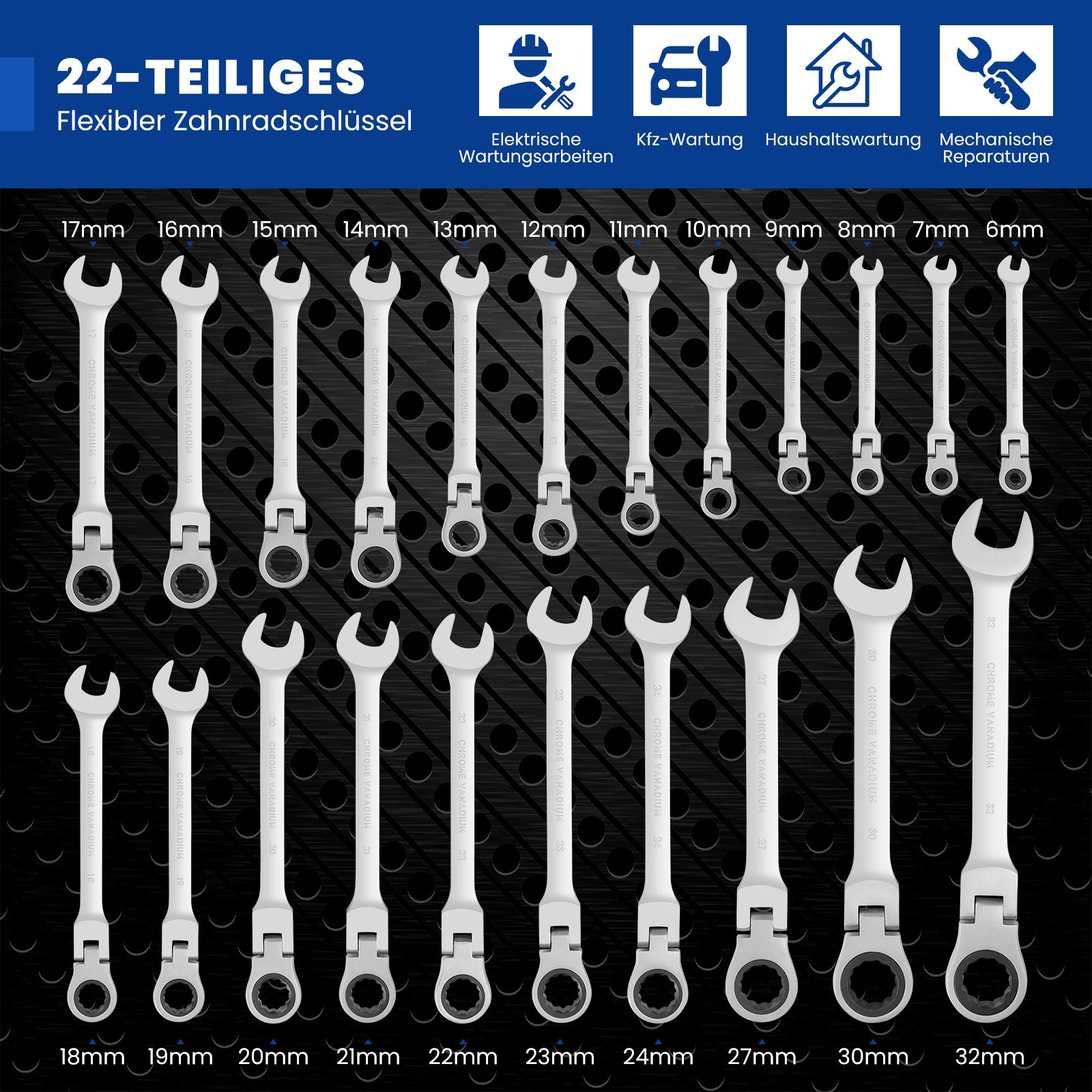 22 tlg. Gelenk Ratschenschlüssel Set 6-32mm Flexibel 72 Zähne Chrom Vanadium Knarrenschlüssel im Koffer