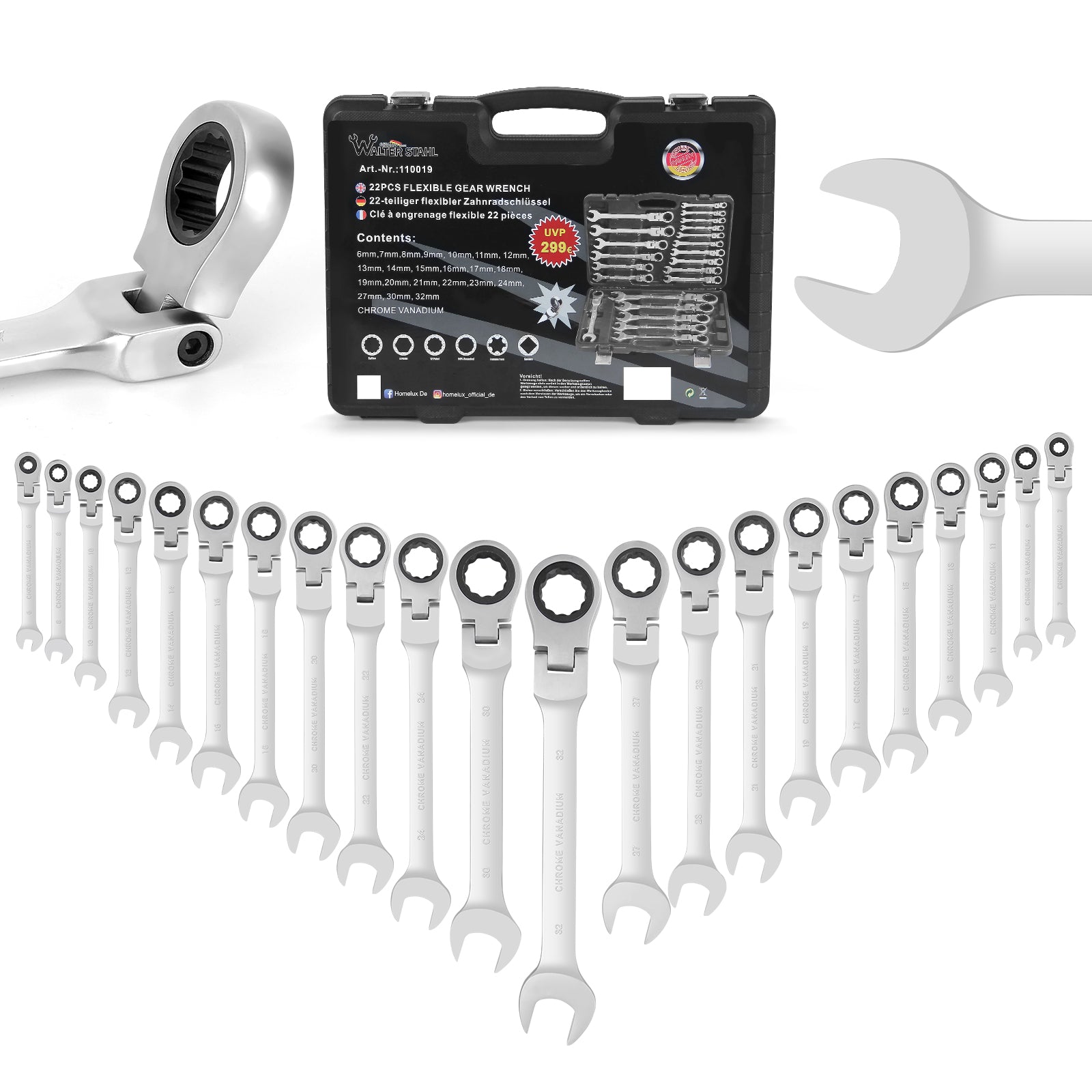 22 tlg. Gelenk Ratschenschlüssel Set 6-32mm Flexibel 72 Zähne Chrom Vanadium Knarrenschlüssel im Koffer