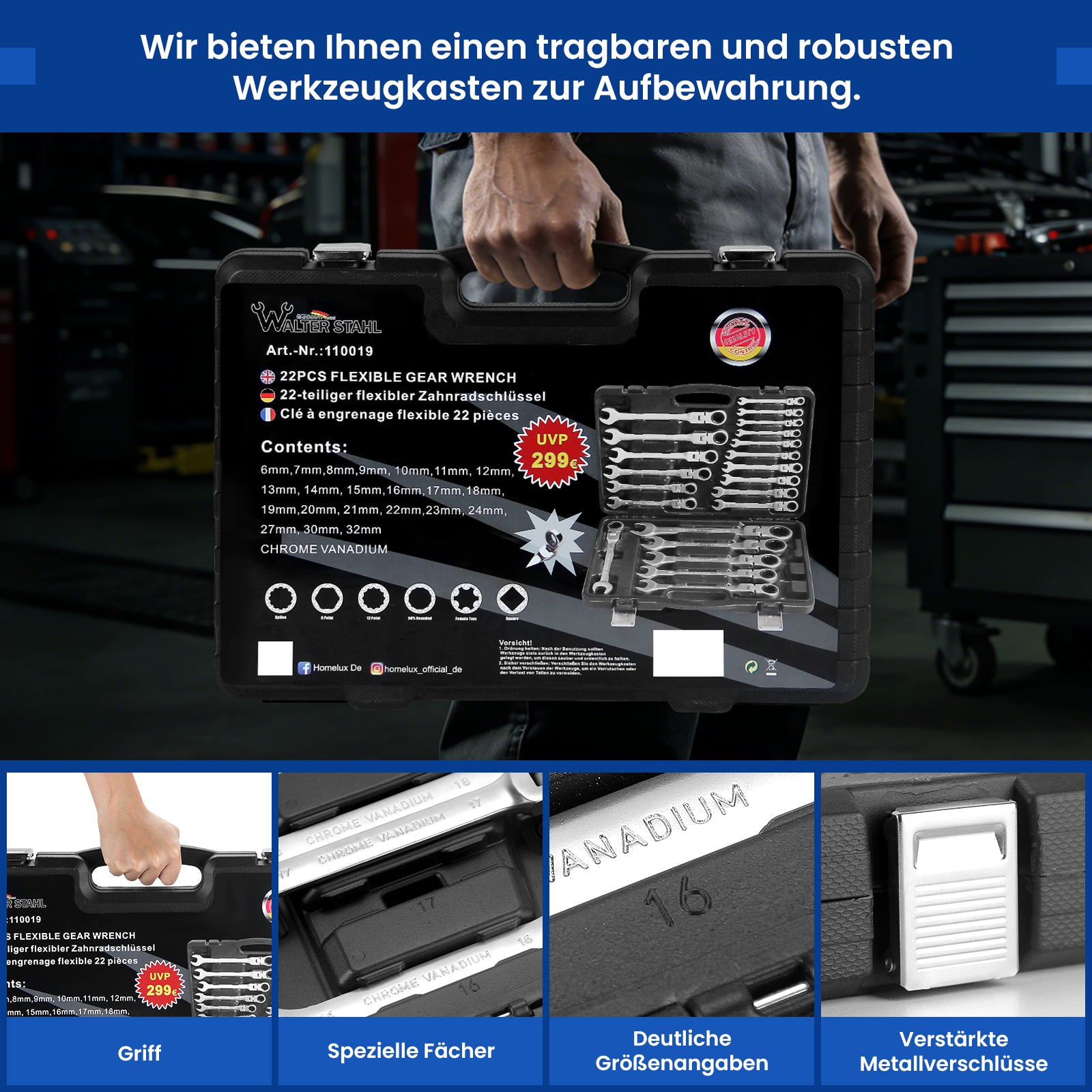 22 tlg. Gelenk Ratschenschlüssel Set 6-32mm Flexibel 72 Zähne Chrom Vanadium Knarrenschlüssel im Koffer