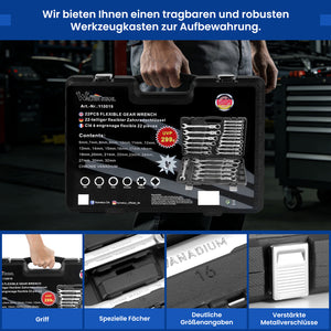 22 tlg. Gelenk Ratschenschlüssel Set 6-32mm Flexibel 72 Zähne Chrom Vanadium Knarrenschlüssel im Koffer