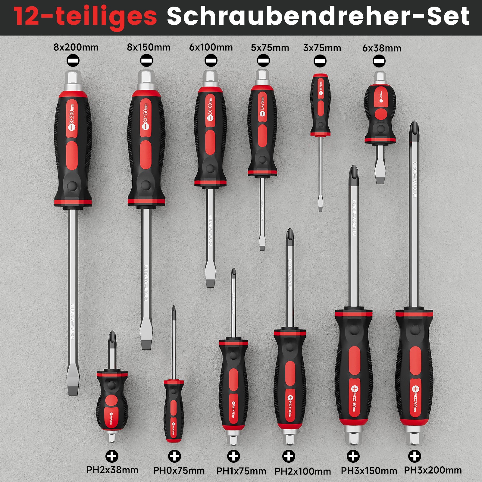 12-teiliges Profi-Schraubendreher-Set aus Chrom-Vanadium-Stahl mit Schlagkappe, Sechskantansatz und Transportkoffer