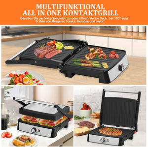 Kontaktgrill Sandwichmaker Panini Grill 2200W Toaster HOMELUX 34x23CM 3-in-1 Multifunktionsgrill für Paninis, Steaks, Sandwiches