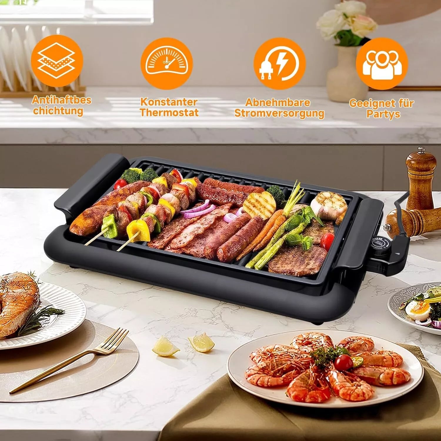 Scheffler Elektrogrill 1200W Balkon & tragbar, rauchfrei. BBQ Grill 38x25cm Schnellheizung sicheres Kochen konstante Temperatur leicht zu reinigen