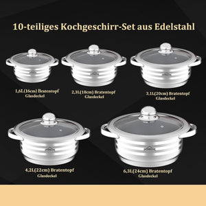 Pot set induction stainless steel cooking pot 10-piece with glass lid for all types of stoves 