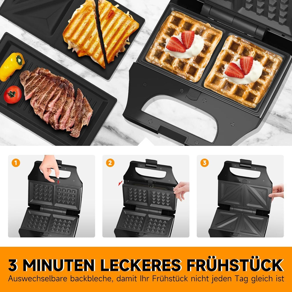 HOMELUX 3 In 1 Sandwichmaker Sandwich Waffel Panini Waffeleisen Sandwichtoaster Wechselplatten Schnelles Und Gleichmaessiges Leichte Reinigung S0mdv07d