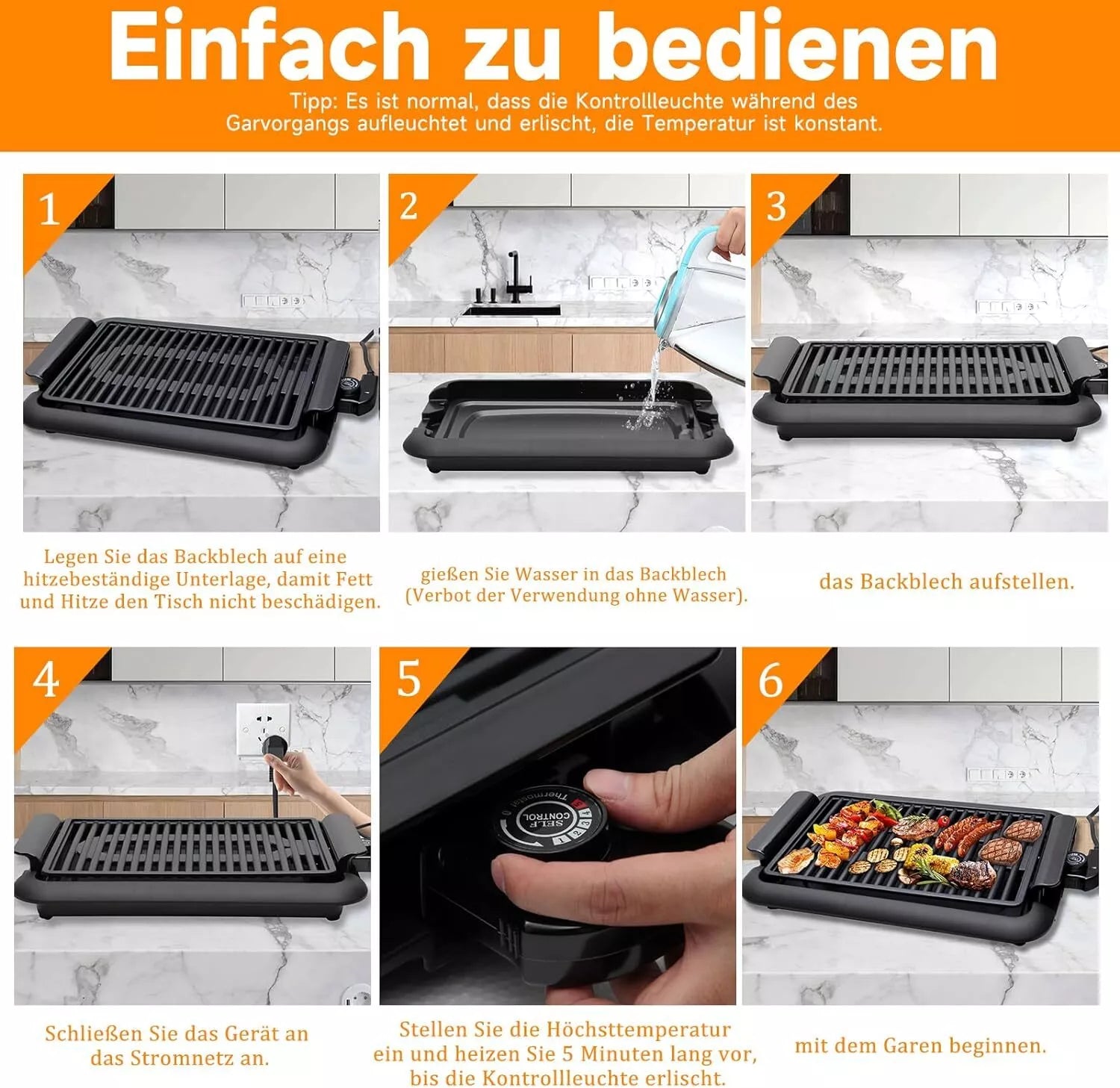 Scheffler Elektrogrill 1200W Balkon & tragbar, rauchfrei. BBQ Grill 38x25cm Schnellheizung sicheres Kochen konstante Temperatur leicht zu reinigen