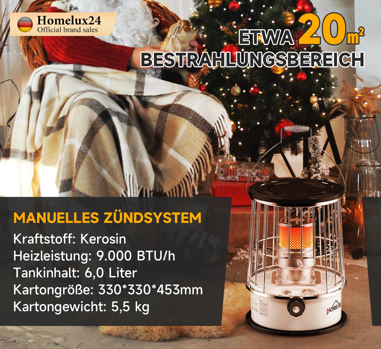 Homelux 6L kerosene heater, 9,000 BTU/h, no electricity, portable, 20㎡ heating area, with clothes bag, tempered glass chimney