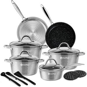 Topfset Scheffler Topfset Induktion 15-teilig, Induktions Töpfe Set,Töpfe mit Glasdeckel, Kochtopf-Set, Töpfe und Pfannen, Induktionsgeeignet